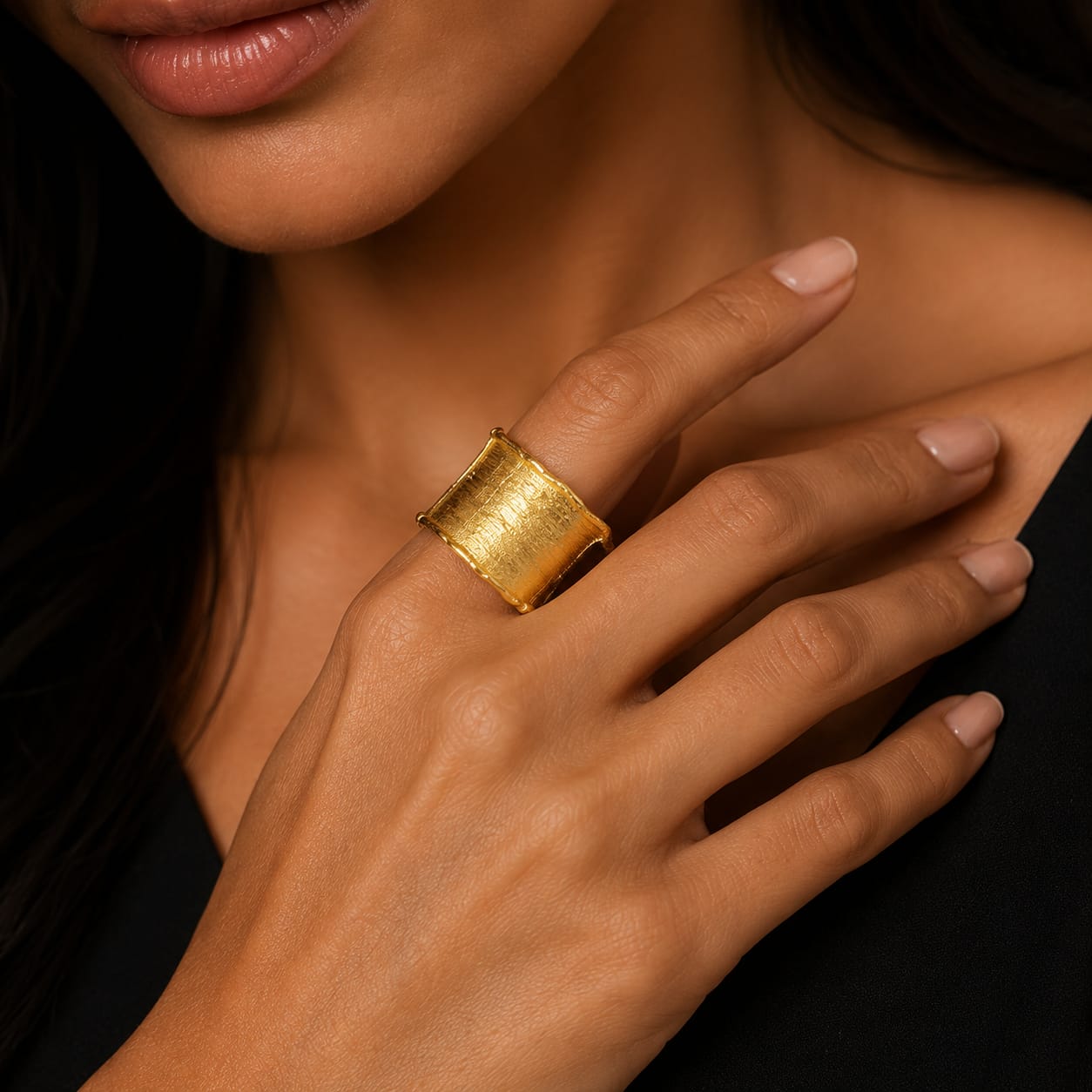 925 Sterling  Silver Gold Plated Textured Wide Band Ring with Organic Edges