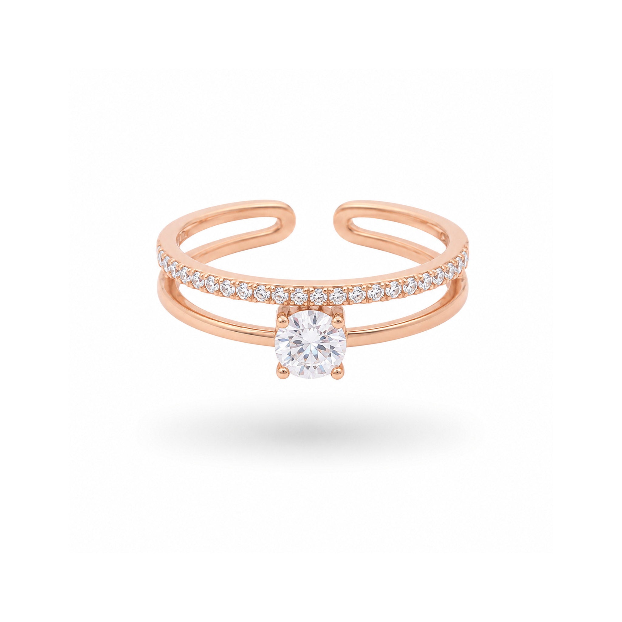 925 Sterling Silver Rose Gold Plated Round Brilliant Zircon Split Shank Ring