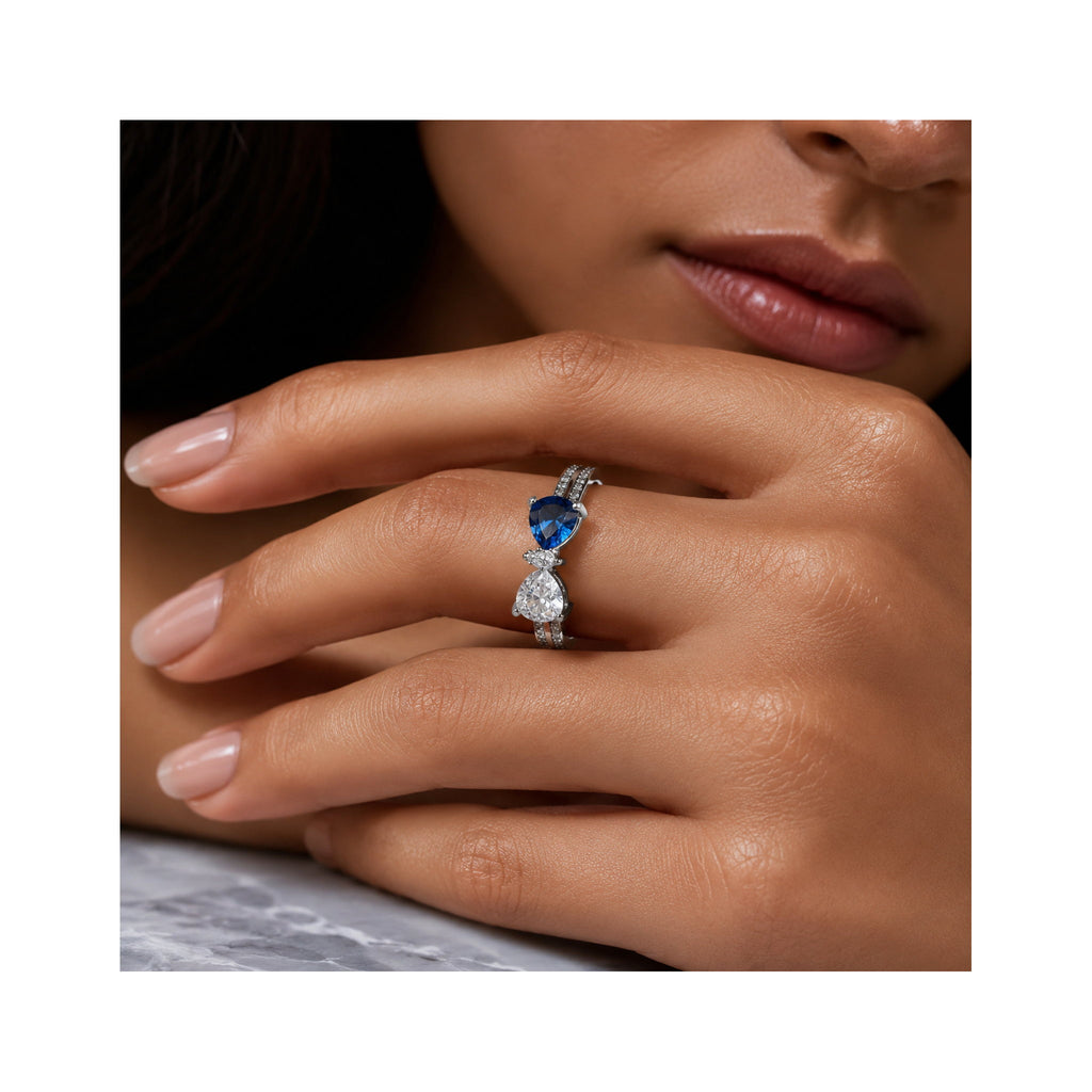 925 Sterling Silver Heart-Shaped Blue Stone Bypass Ring in with Zircon Accents