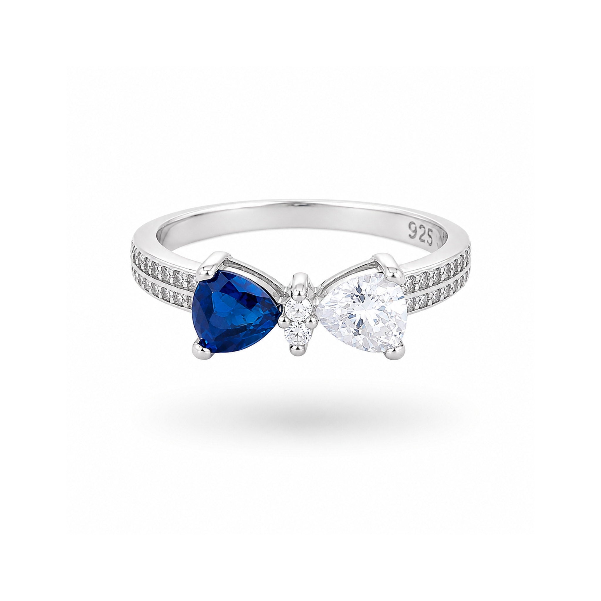 925 Sterling Silver Heart-Shaped Blue Stone Bypass Ring in with Zircon Accents