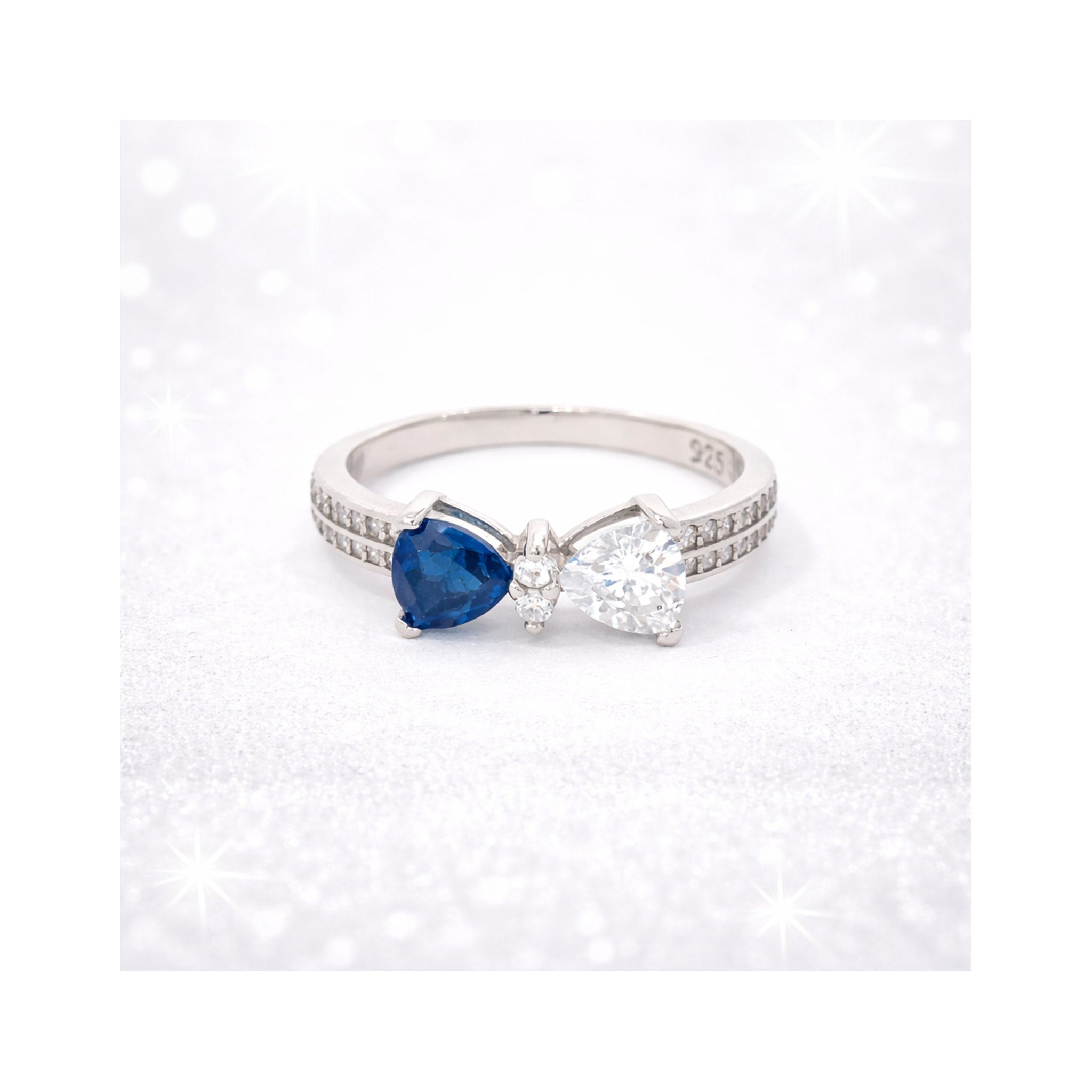 925 Sterling Silver Heart-Shaped Blue Stone Bypass Ring in with Zircon Accents