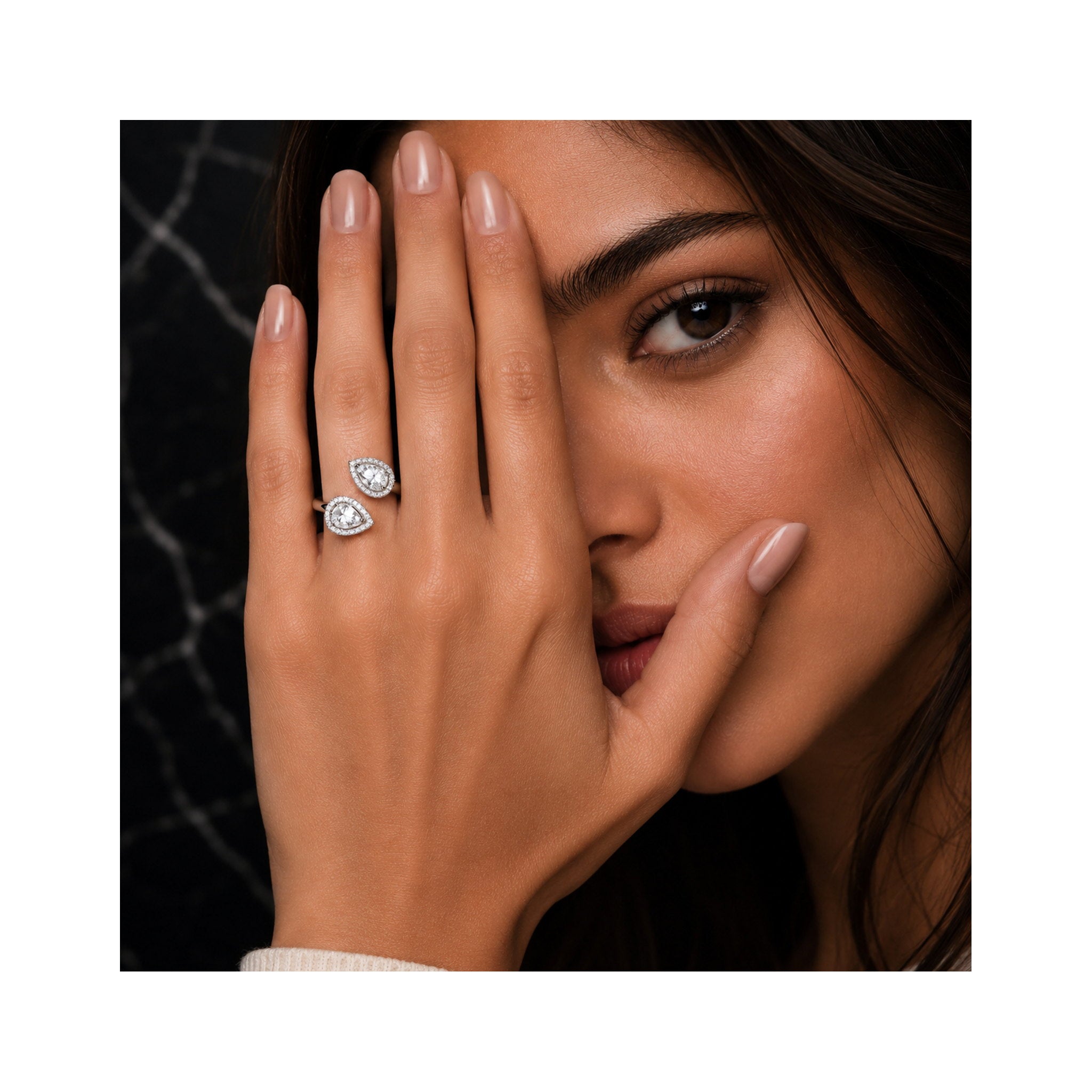 925 Sterling Silver Heart and Pear Cut Zircon Bypass Ring