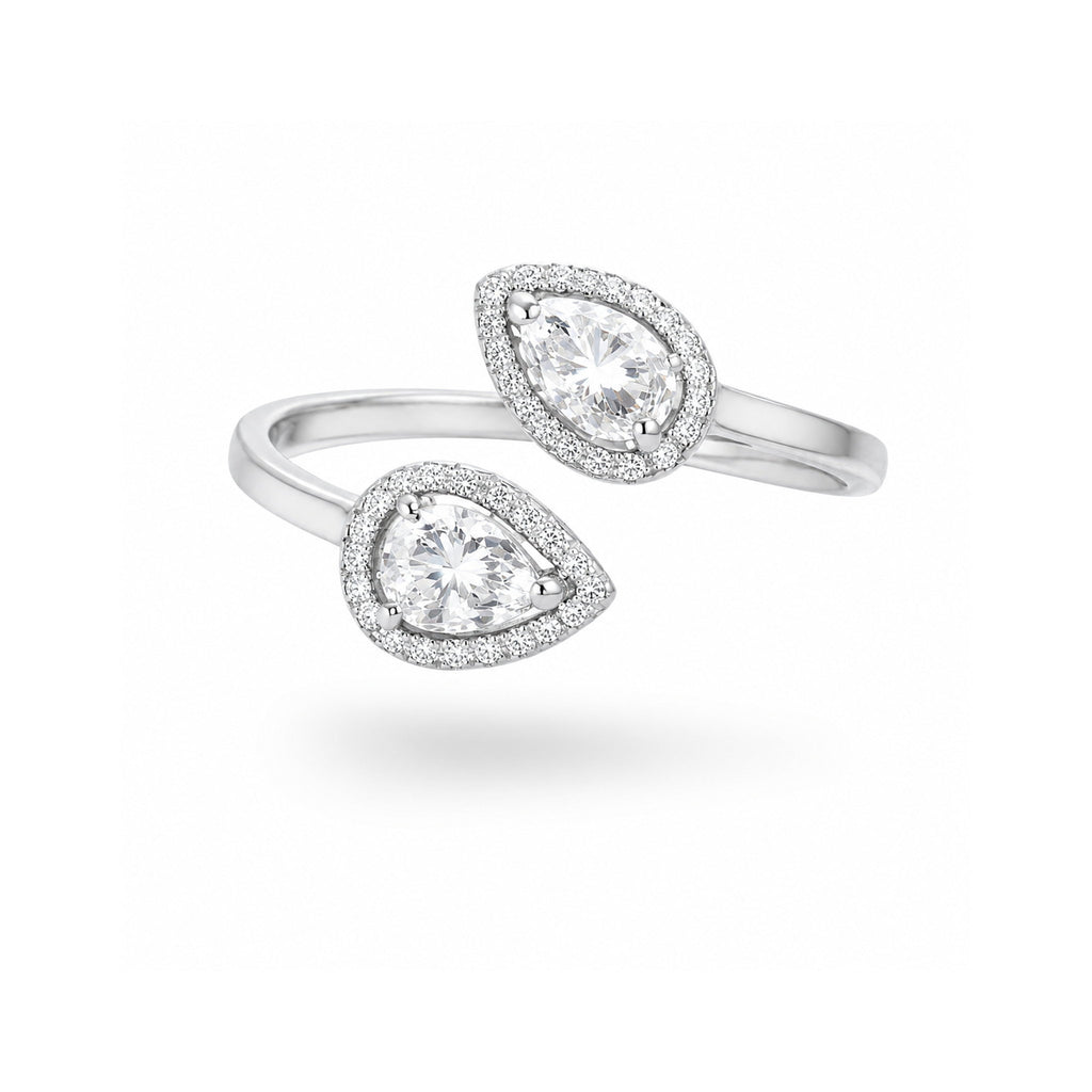 925 Sterling Silver Heart and Pear Cut Zircon Bypass Ring