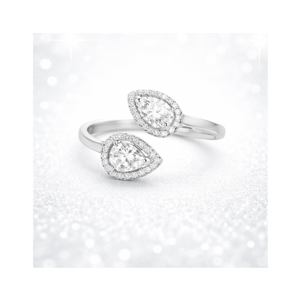 925 Sterling Silver Heart and Pear Cut Zircon Bypass Ring