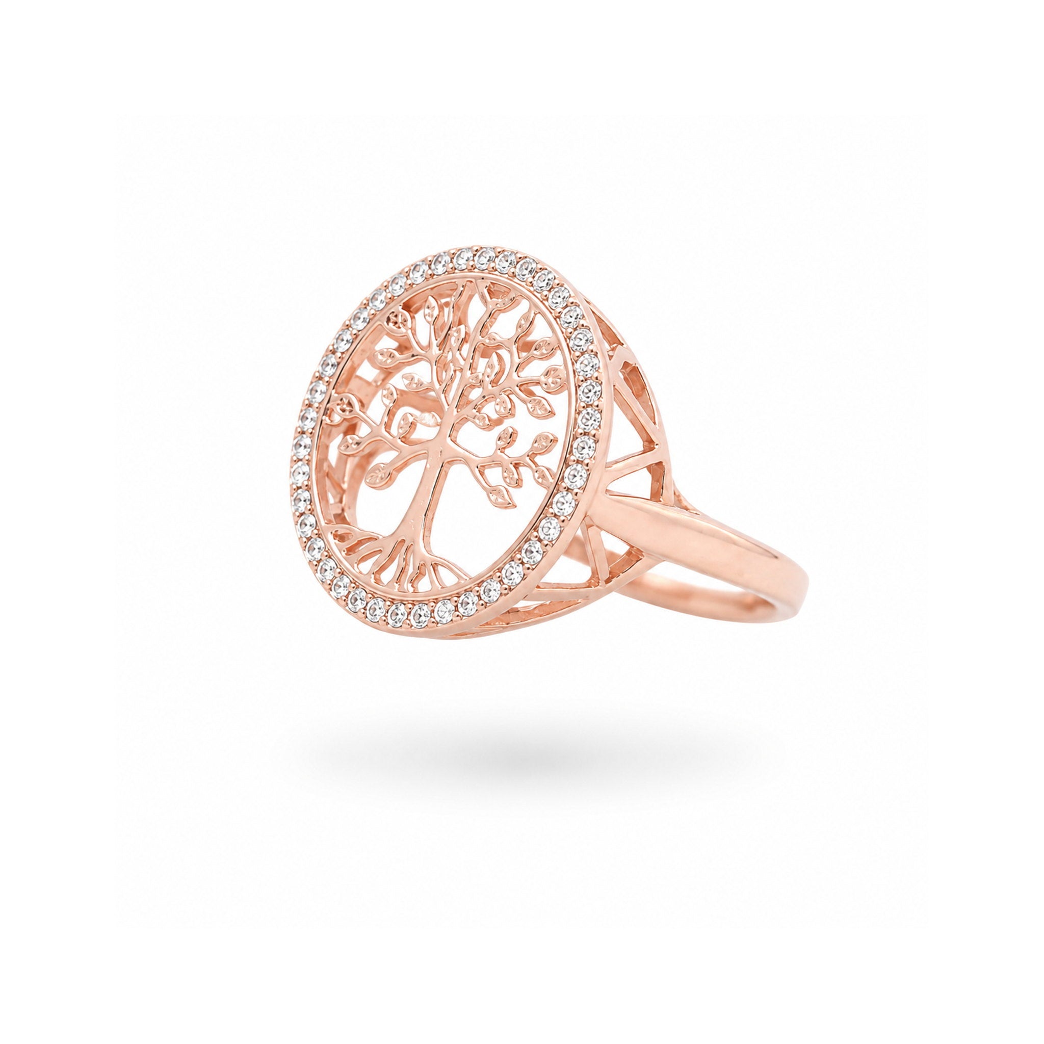 925 Sterling Silver Tree of Life Zircon Halo Pink Cocktail Ring