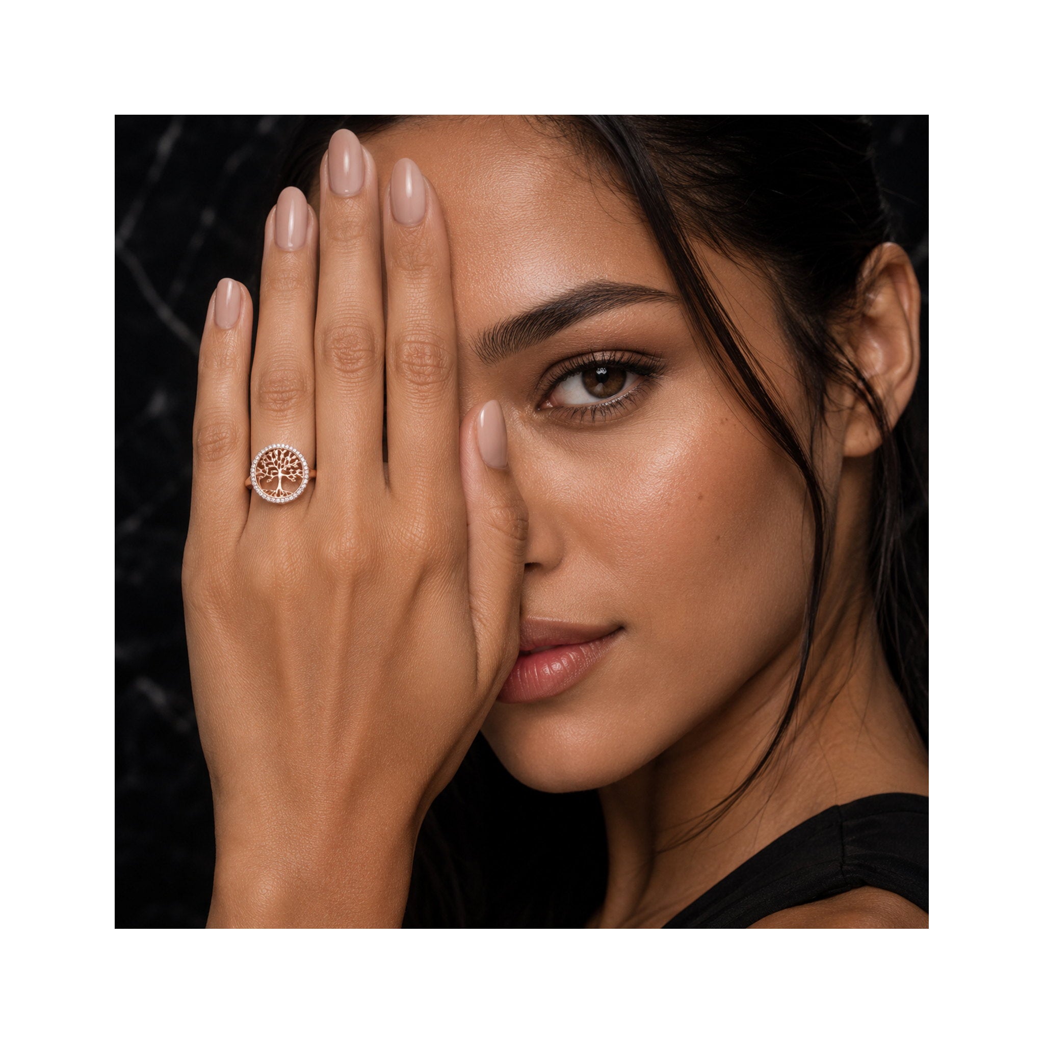 925 Sterling Silver Tree of Life Zircon Halo Pink Cocktail Ring
