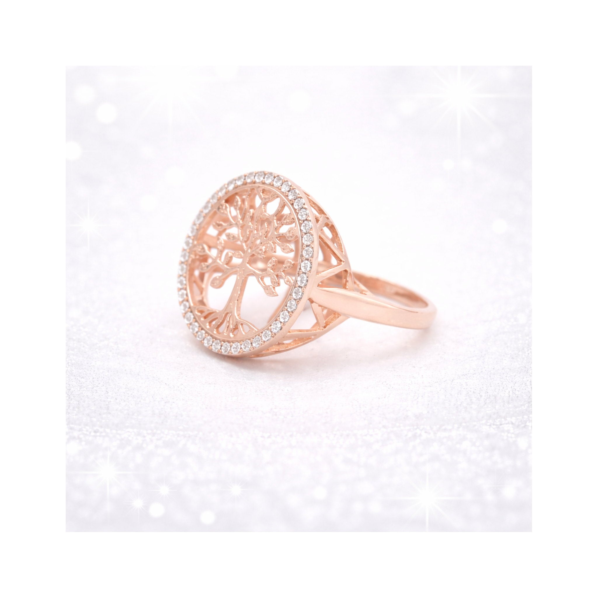 925 Sterling Silver Tree of Life Zircon Halo Pink Cocktail Ring