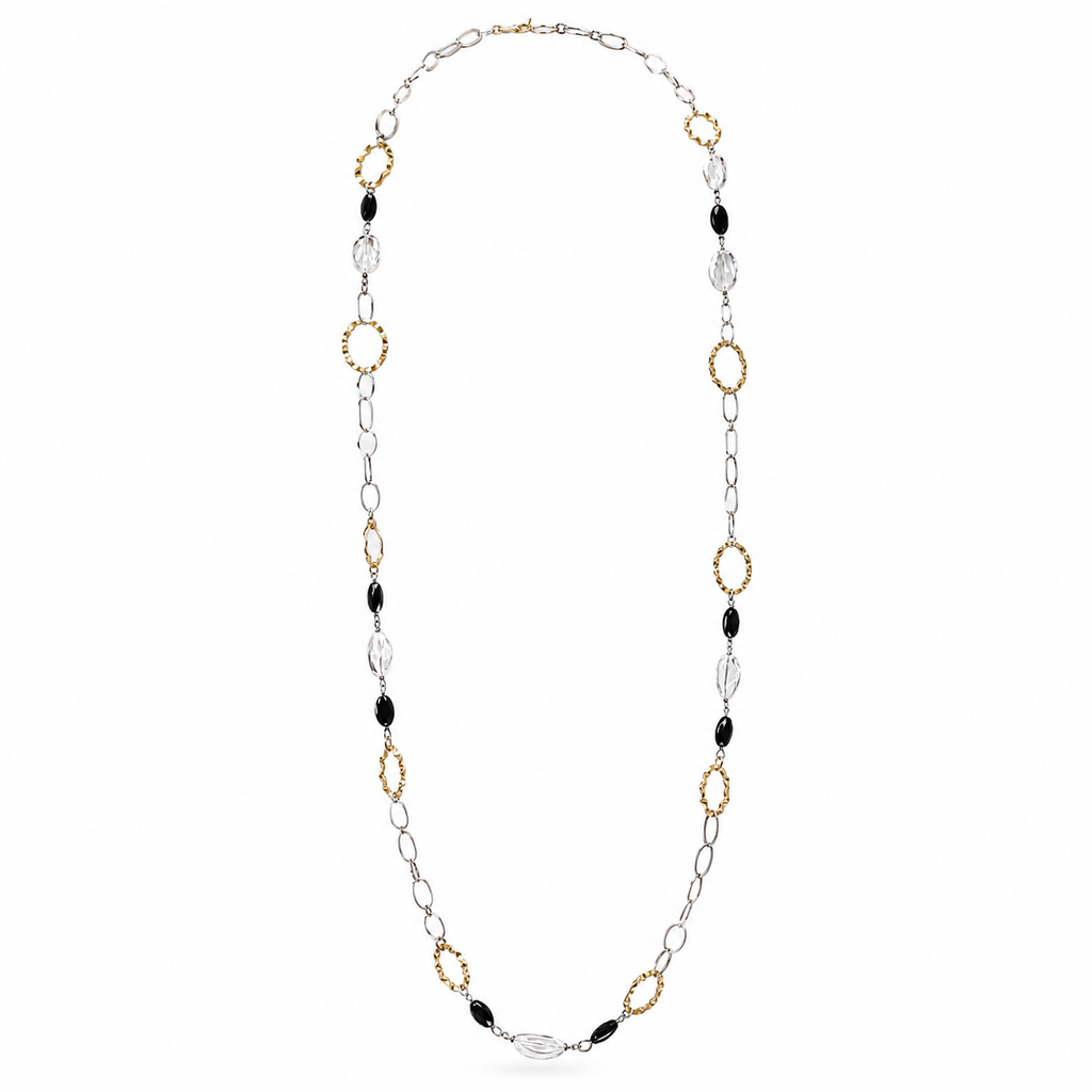 925 Sterling Silver Chain Necklace with Onyx and Clear Stones