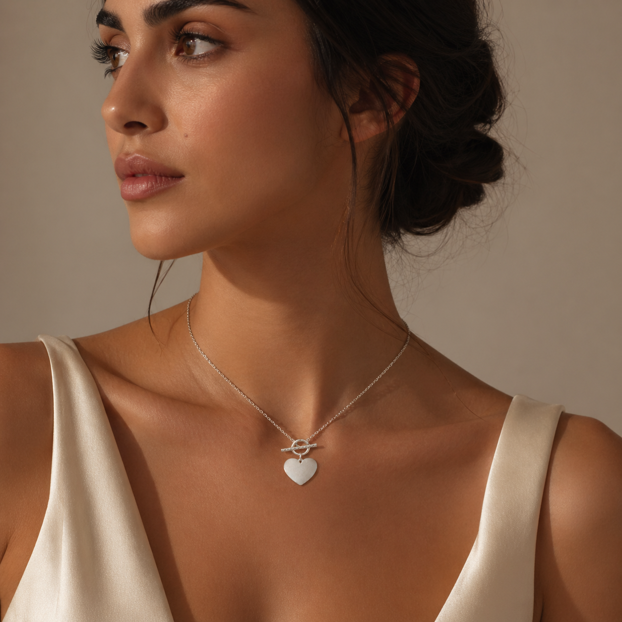 925 Sterling Silver Heart Charm Necklace with T-Bar Detail